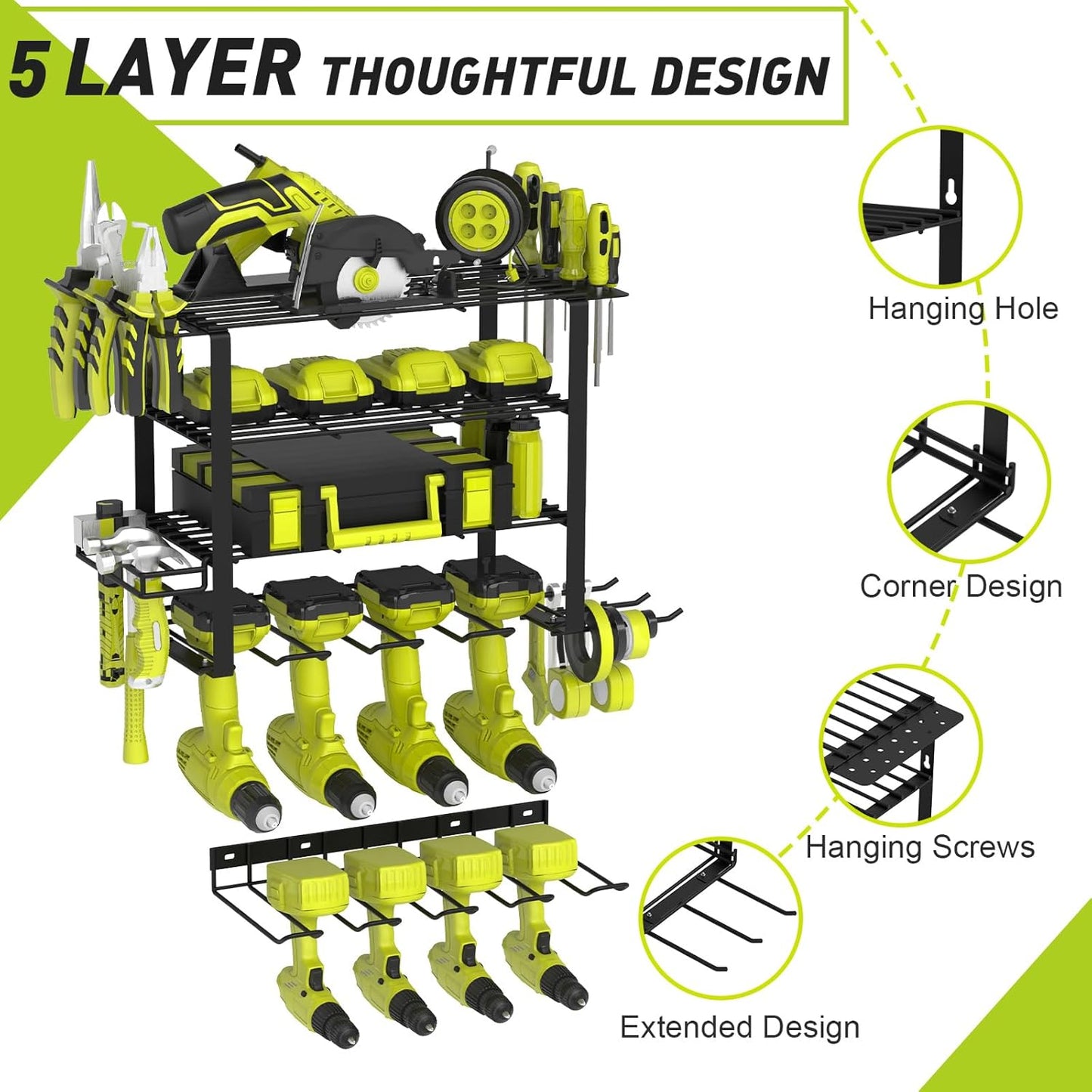 5 Layers 2 IN 1 Power Tool Organizer Wall Mount for Dad, 8 Cordless Drill Holder Garage Organization Heavy Duty Metal Loads 250LBS, Garage Shelving for Garden Power Tool Storage, Tool Rack for Men