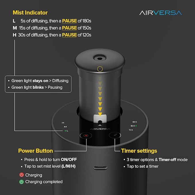 Waterless Essential Oil Diffuser for Home Aromatherapy Scent Diffusers with 3 Countdown Timer Settings or Timer-Off, 3 Mist Levels for Car Room Studio Office, ANX Premium Metal Desert Titanium
