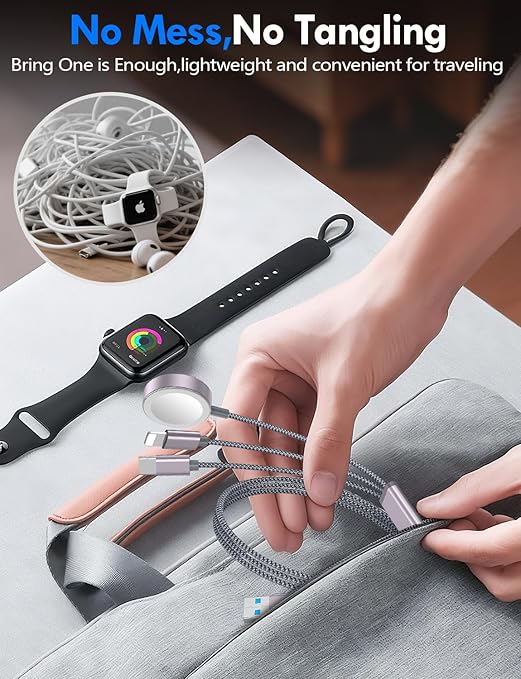 Travel Essentials for Apple Watch Charger,iPhone Charger,3 in 2 Type C/L/Magnetic Fast Charging Cable,Multi Charging Cable Portable Designed for iWatch Series,iPhone 17-11,Galaxy S26-S21,Car-5FT