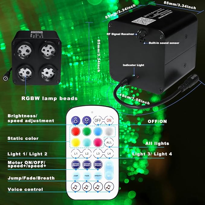 AMKI Updated 4Color Twinkle 36w Starlight Headliner Kits 900pcs 0.03in 9.8ft Fiber Optic Light Cable 4 Ports Starlight Box App/Remote Control Sound Mode for Car Home Ceiling Decoration