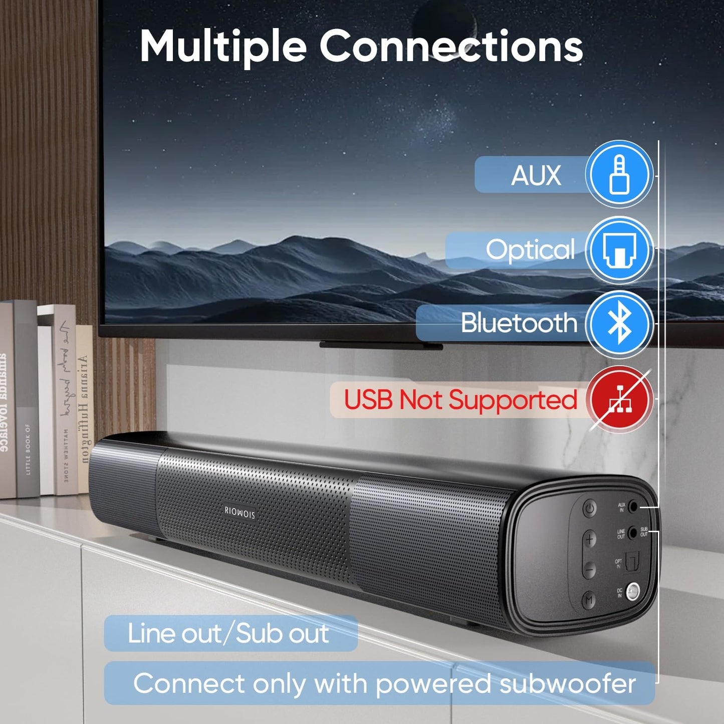 RIOWOIS Sound Bar for Smart TV, Bass Boost and Crisp Vocals,Bluetooth Soundbar for TV/PC/Gaming/Projectors,Optical/AUX/Wall Mount,17inch