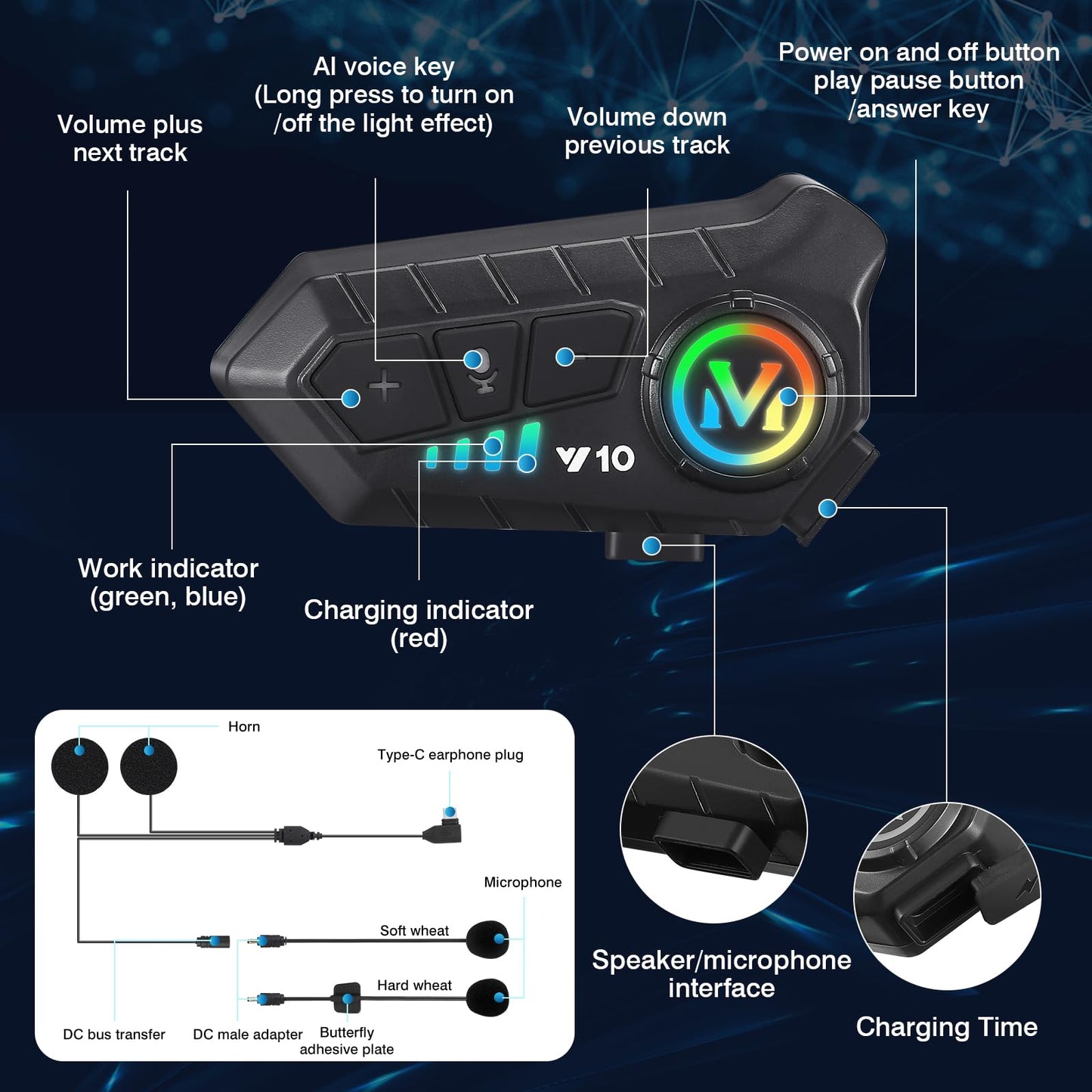 FEYA Motorcycle Helmet Speakers High Battery Life Helmet Headphone IPX6 Automatic Answer/Call Music Control/Intelligent Noise/Wake up Siri, 2 Different Types of Mic - Compatible with All Helmets