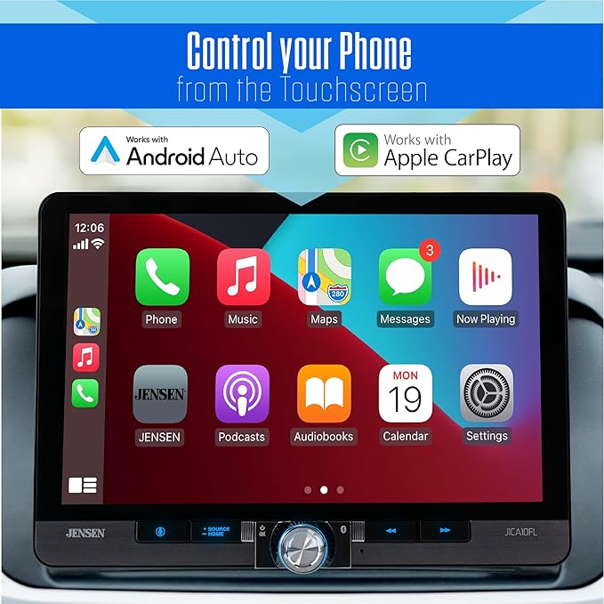 JENSEN J1CA10FL-R 10.1-inch Certified Apple CarPlay Android Auto Wired Wireless | LED Illuminated Light Ring | Single DIN & Double DIN Touchscreen Car Stereo | Bluetooth | Front & Rear Camera Inputs
