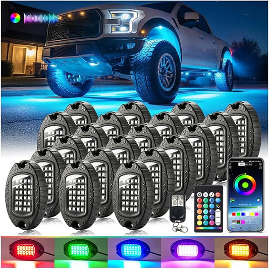 20Pods Heavy Duty Aluminum RGB LED Rock Lights for Trucks Pickup Dually Truck Off-Road with APP/RF Remote, Segmented IP67 Waterproof Multicolor Underglow Accent Light 12V Plug and Play&Pre Wired