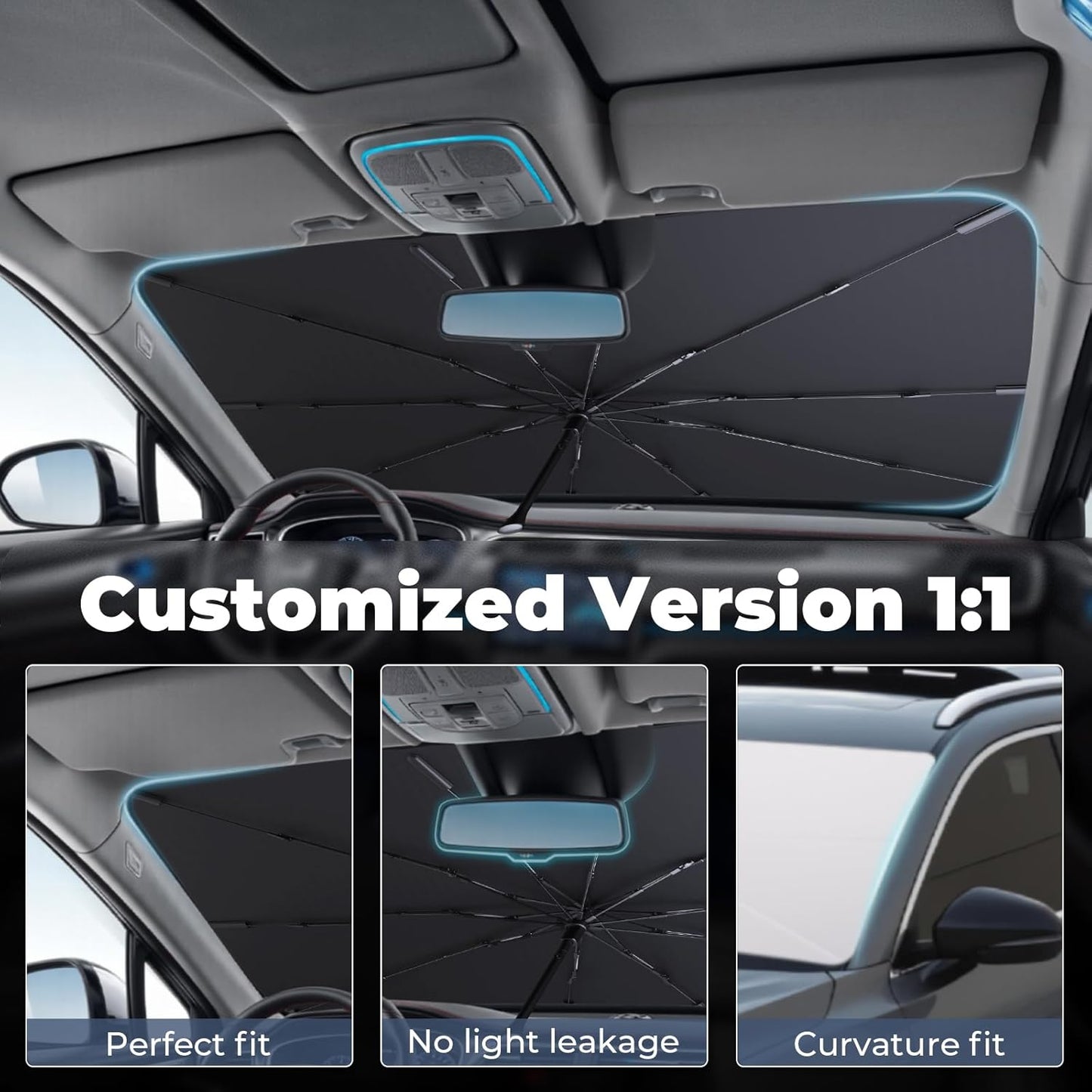 Windshield Sun Shade Umbrella: Custom Fit for 2007-2021 Toyota Tundra SR/SR5/Limited/Platinum/1794 Edition/TRD Pro (XK50) - Foldable Front Window Sunshade, UV & Heat Protection, Keeps Pickup Cool