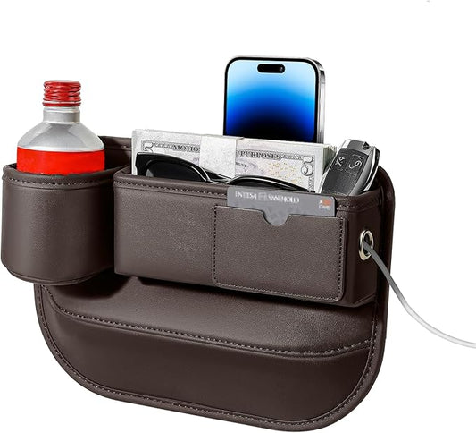 Car Seat Gap Filler Organizer with Cup Holder, Universal Fit Soft Leather Car Box Storage, Automotive Car Accessories Necessities for Phones Keys Sunglasses Cards (1 Pack brown)