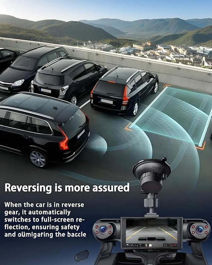 Car Dash Cam Front Rear 360 Full View 4K Dual Security 24HR Rechargeable 4 Channel Mirror Rearview Interior Auto Video On-Dash Mounted Driving Recorder Truck Electronics Accessory(64G)