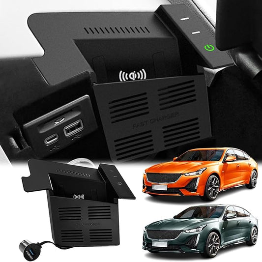 Car Wireless Charger for Cadillac CT5 (2020 2021 2022 2023 2024) Cigarette Lighter Accessories, 15W Wireless & 27W USB Fast Charging Tray for i-Phone Sam-Sung