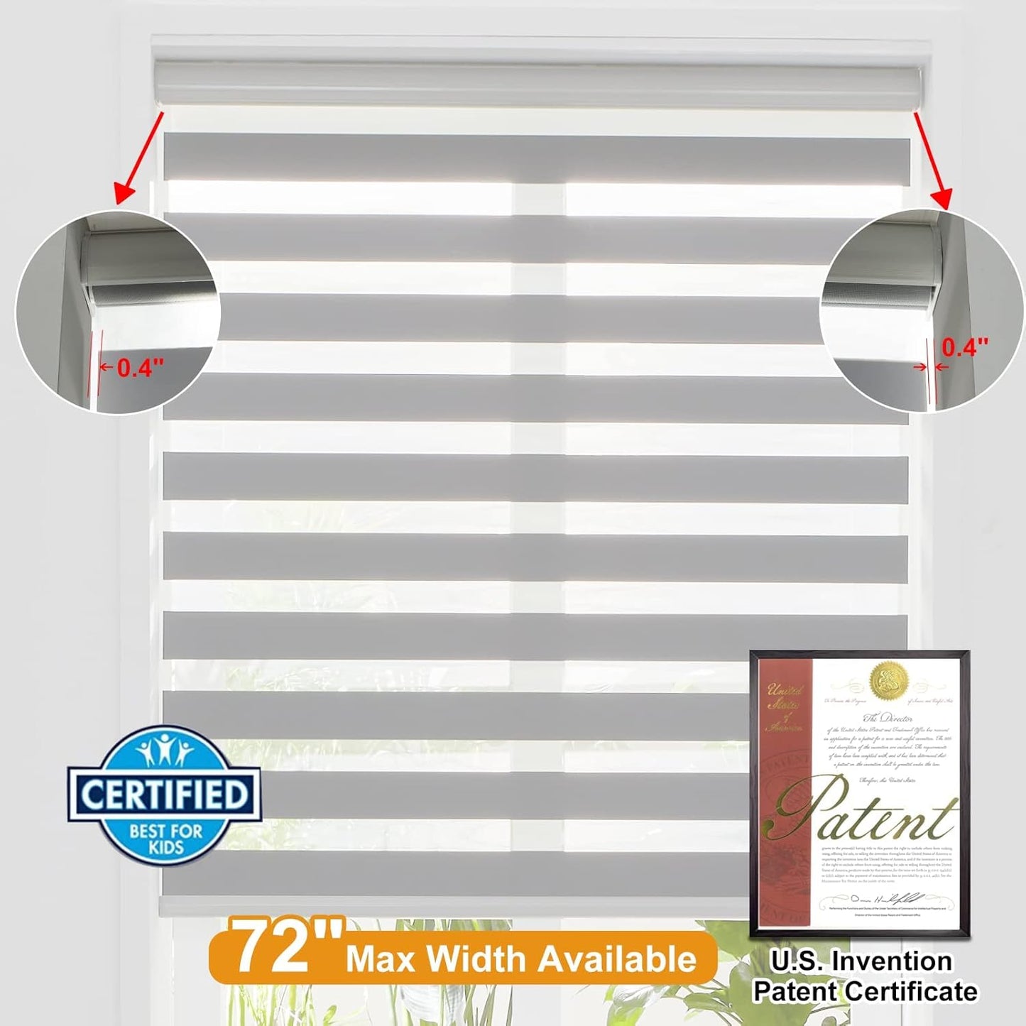 Persilux Cordless Zebra Blinds for Windows Shades (35.5" W x 64" H, Grey) Dual Layer Fabric Light Control for Day and Night Room Darkening Sheer Roller Shades for Home, Bedroom and Office
