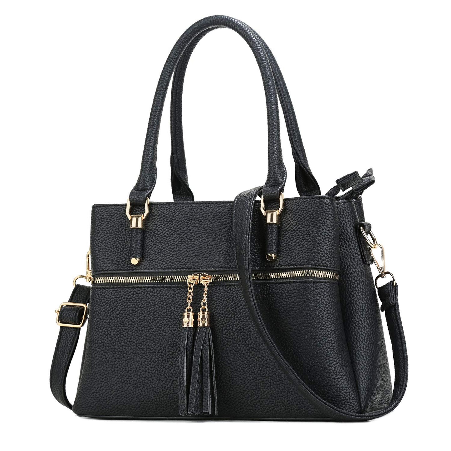 KKXIU 3 Zippered Compartments Purses and Handbags for Women Vegan Leather Ladies Multi Pocket Satchel Bags (D-black)