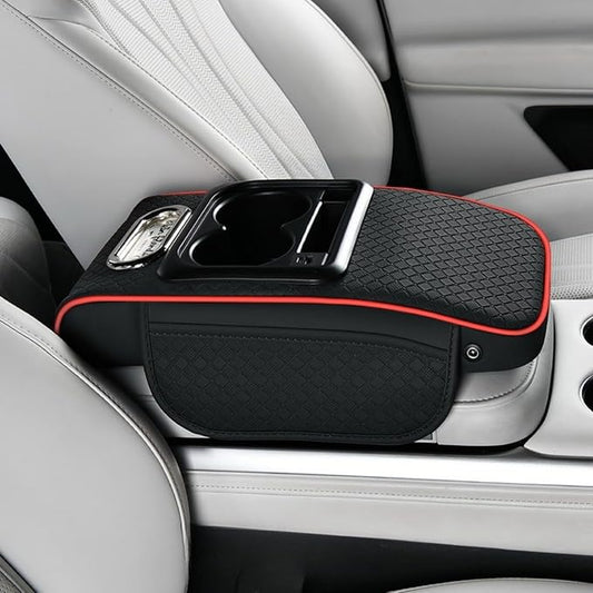 2026 Upgraded Car Center Console Cushion with 30w USB& Type-C Charging Ports, Leather Car Armrest Pad Cover, Interior Accessories for Most Vehicles (Ergonomic Sloped Version, Black-Red line)