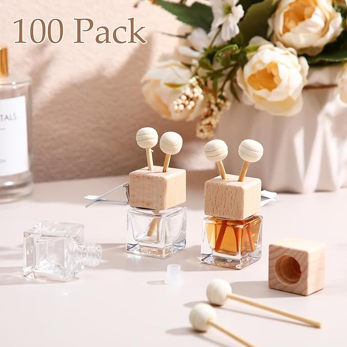 Zubebe 100 Pcs Car Diffuser Bottles Empty Bulk Vent Clip Car Air Freshener Diffuser for Essential Oil Perfume Glass Bottle with Wooden Caps Stick Fragrance Ornament (Colorless)