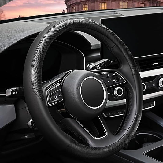 Car Steering Wheel Cover, Soft Microfiber Leather, Universal Fit 15 Inch, Breathable Anti-Slip for Cars, SUVs, Vehicles, Sedans, Trucks, Vans (Black)
