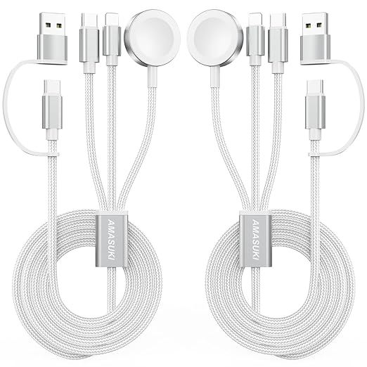 2Pack Travel Essentials,3 in 2 USB C Cable for Apple Watch Charger,iPhone Charger,Multi Charging Cable,Cruise Vacation Camping,Portable for iWatch Series 11-2/Ultra/SE & iPhone 17-12,Car,White