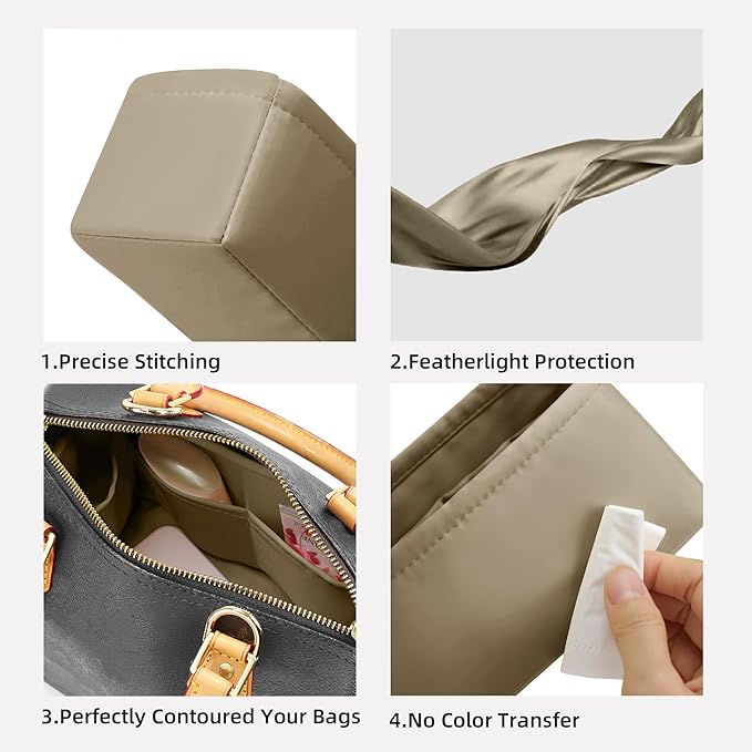 DGAZ Silk Purse Organizer Insert Fits LV Speedy 16/20/25/30/35/45 bags，Silky Smooth Bag Organizer，Luxury Handbag & Tote Shaper（Etoupe grey，New nano 16）