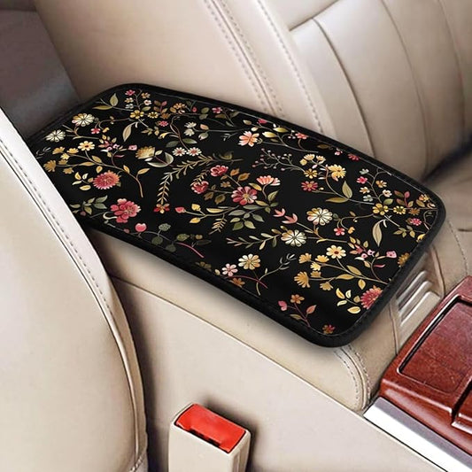 Car Center Console Cover Flower Vintage Retro Armrest Cover Cushion Cute Floral Rustic Universal Car Armrest Seat Box Pad Green Leaf Car Interior Accessories Protector for Most Vehicle