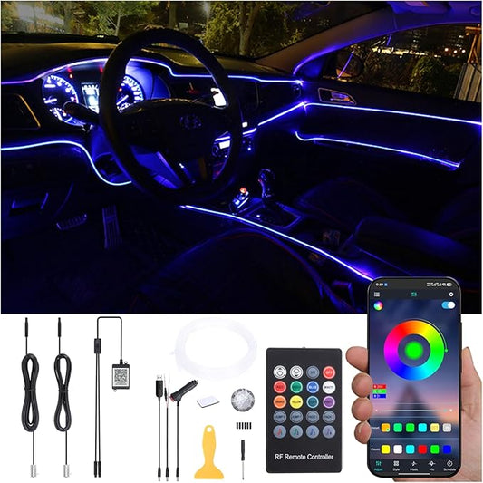 Car Ambient Lighting Optic Fiber 64 Colors Music Sound Active with RF Remote Control + APP Control Car Decorative Atmosphere Lighting Kit DC 12V 1W 3m