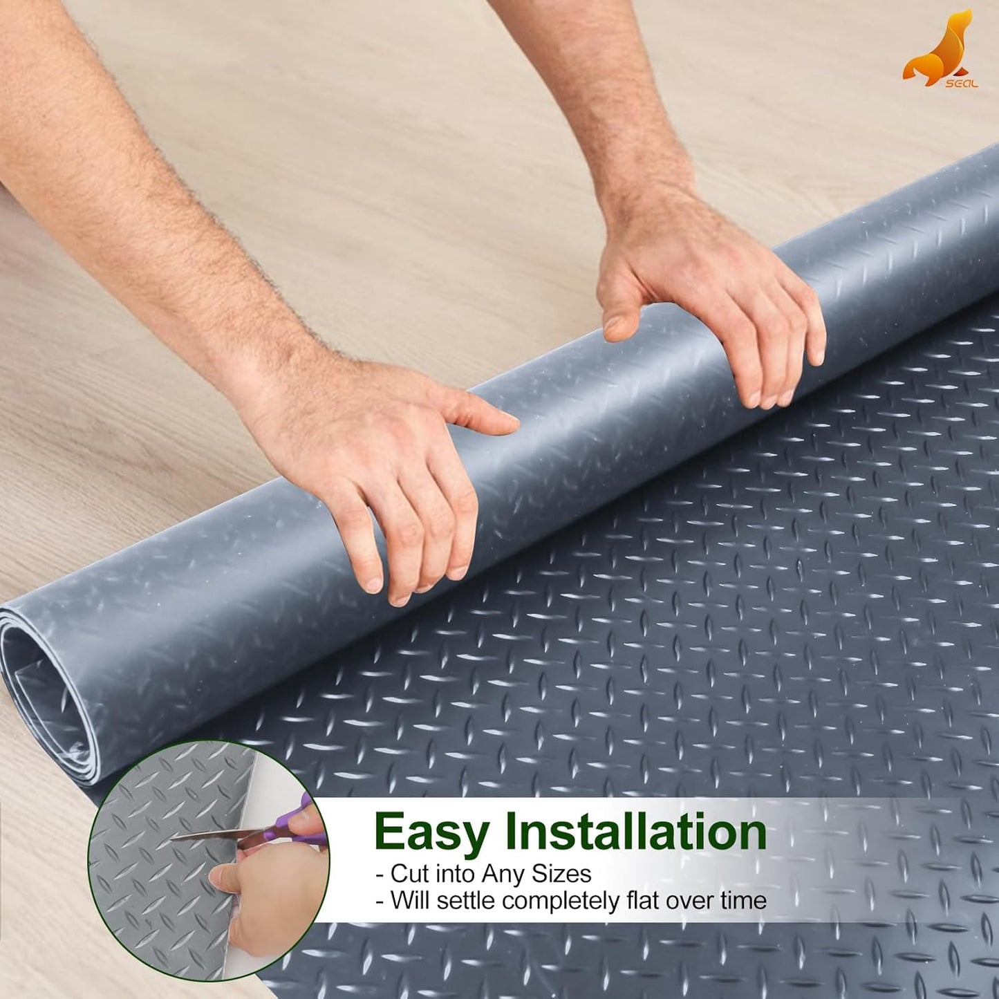 SEAL 6 x 15 Ft Premium Garage Floor Mat, Solid 2.8mm Thick Gray Commercial Grade Heavy Duty Parking Mat for Garage Floor, Golf Cart Parking, Water/Stain Resistant Floor Runner (Embossed Diamond Plate)