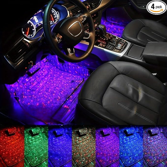 Car Interior Ambient Lights,4Pcs 12LED USB Plug-in RGB Multicolor Star Atmosphere Lights for Car Carpets Under Dash LED Accent Lighting Kit with Sound Active and Remote Control DC 5V