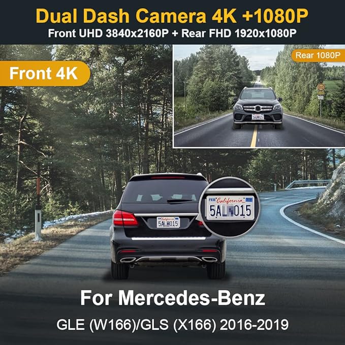Fitcamx Front 4K+Rear 1080P Dash Cam for 2016-2019 Mercedes-Benz GLE GLS (Model B) W166 X166, OEM Look, Dual HD Video, Built-in WiFi & APP, Loop Recording, Gravity Sensor, Easy to Use, 128GB Card