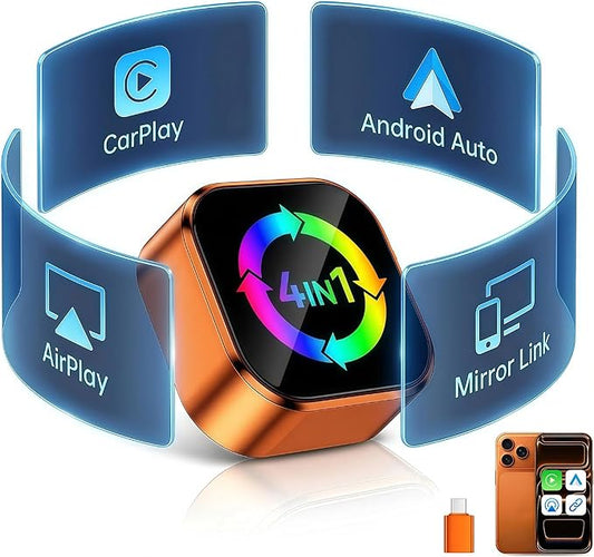 4-in-1 Wireless CarPlay Adapter with Screen Mirroring, Watch Netflix/YouTube in Car, Android Auto AirPlay Mirror Link, Plug & Play No App, Compatible with 800+ Cars iPhone Android