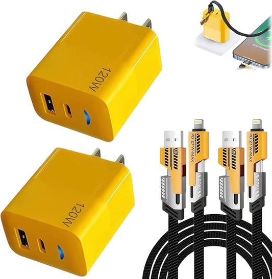 2026 New 120w Type C/USB A Dual Ports Adapter, C Chargers Fast Charging 10 Foot, Fast Phone Charger, Mechanical Style Multi-Function Cable, for Gaming Office Travel (2pcs)