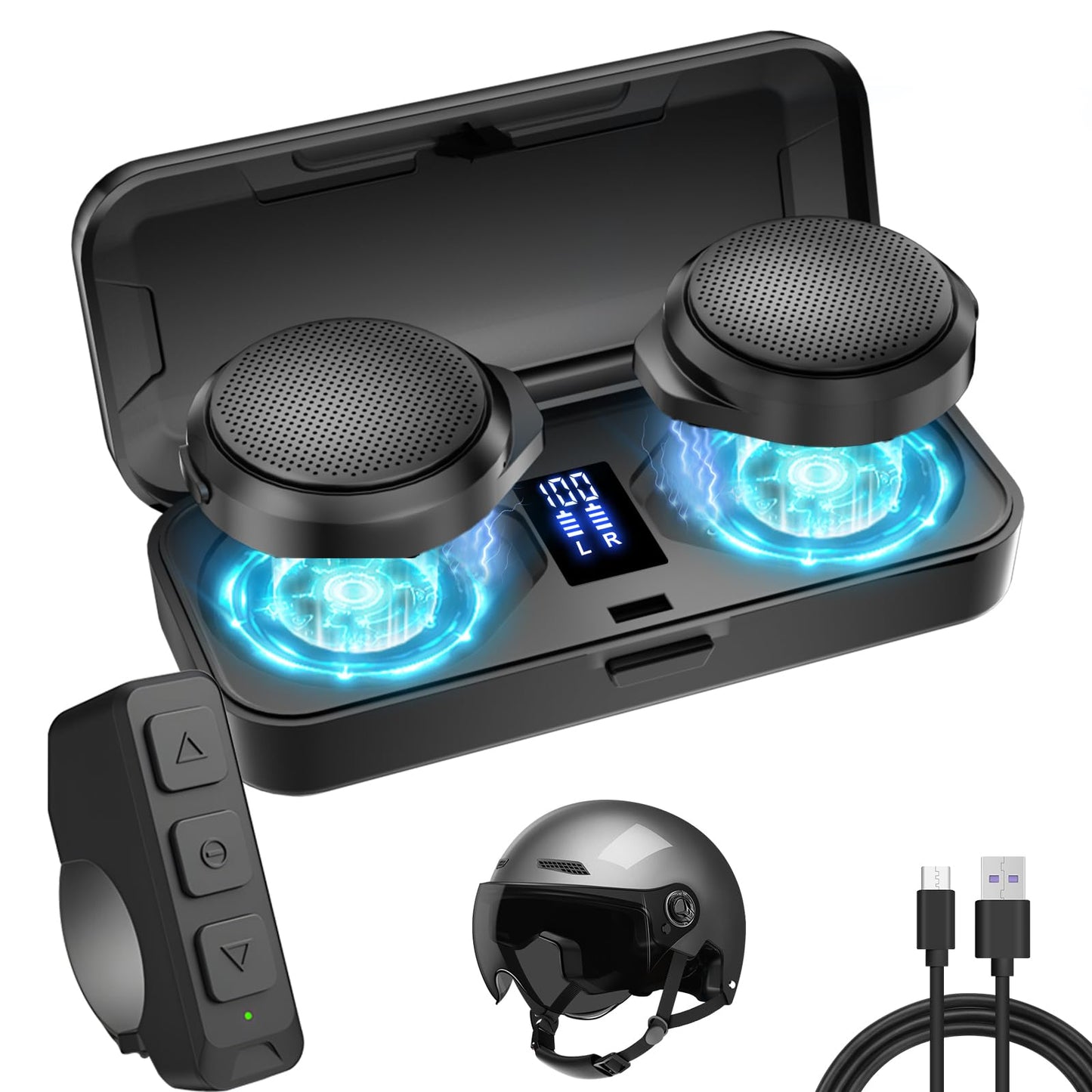 OBEST Motorcycle Bluetooth Headset with Charging Case, Helmet Bluetooth Speaker with Microphones & LED Display, 1900mAh Battery with 50Hours Work Time Wireless Headsets for Skiing and Riding