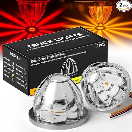 2-Pack Dual Color Watermelon Lights with Strobe & Steady Lighting Clear Lens Red/Amber LED Side Marker Turn Signal Lights for Truck Trailer RV Off-Road Vehicle