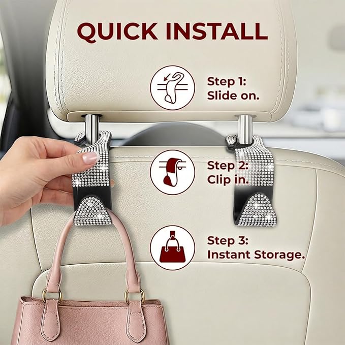 4PCS Bling Car Seat Headrest Hooks, Crystal Rhinestone Vehicle Back Seat Hanger Holder, Auto Interior Headrest Hanging Storage Organizer for Purse Handbag Coat, Universal Fit (Red)
