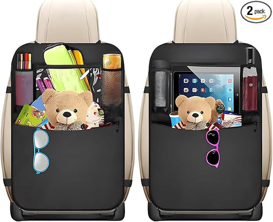 2PCS Car Backseat Organizer, Multi-Pocket Back Seat Protector with 10.2" Tablet Holder, Waterproof Oxford Fabric Storage Bag Auto Kick Mat for Kids Toddlers (C with Large Pocket)