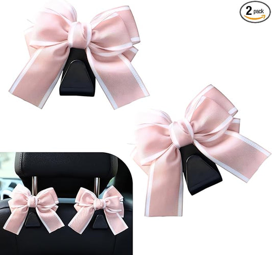 2PCS Car Seat Headrest Hooks, Cute Bow Purse Hook for Car, Vehicle Rear Seat Storage Hooks Hanger for Bag, Umbrellas, Purses, Universal Auto Interior Decorating Accessories (Satin-Pink)
