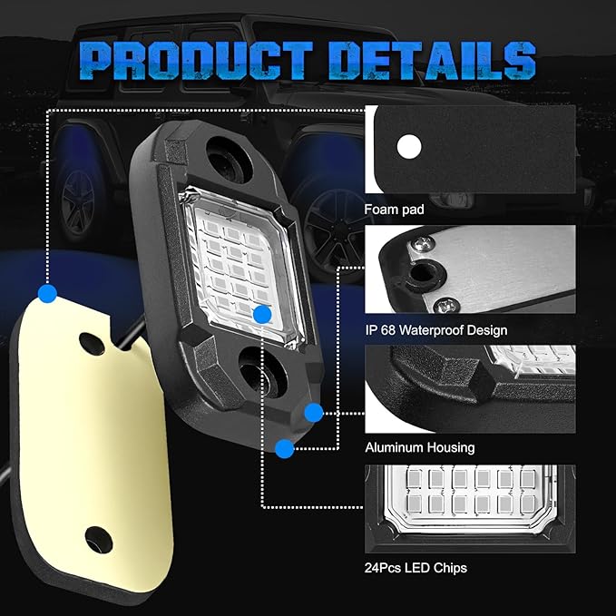 6Pods LED Rock Lights 24 LEDs Chips Neon Trail Rig Lamp Underglow Lights for Cars Trucks SUV ATV UTV(Blue)