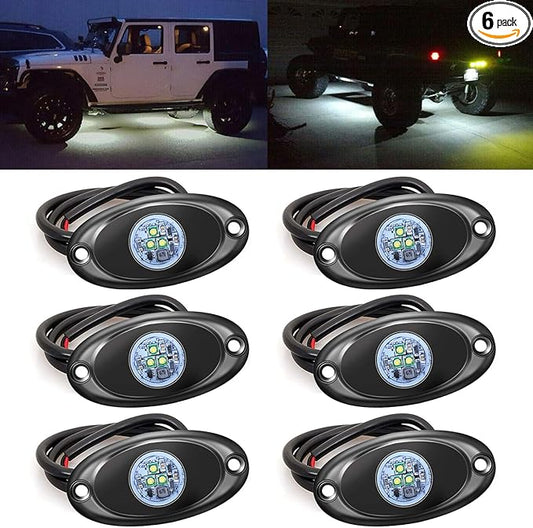 6 Pods LED Rock Lights for Jeep ATV UTV SUV Off Road Wheeler Truck Boat Underbody Glow Trail Rig Lighting Lamp Underglow LED Neon Lights Bright Reverse Waterproof 12V-24V - White