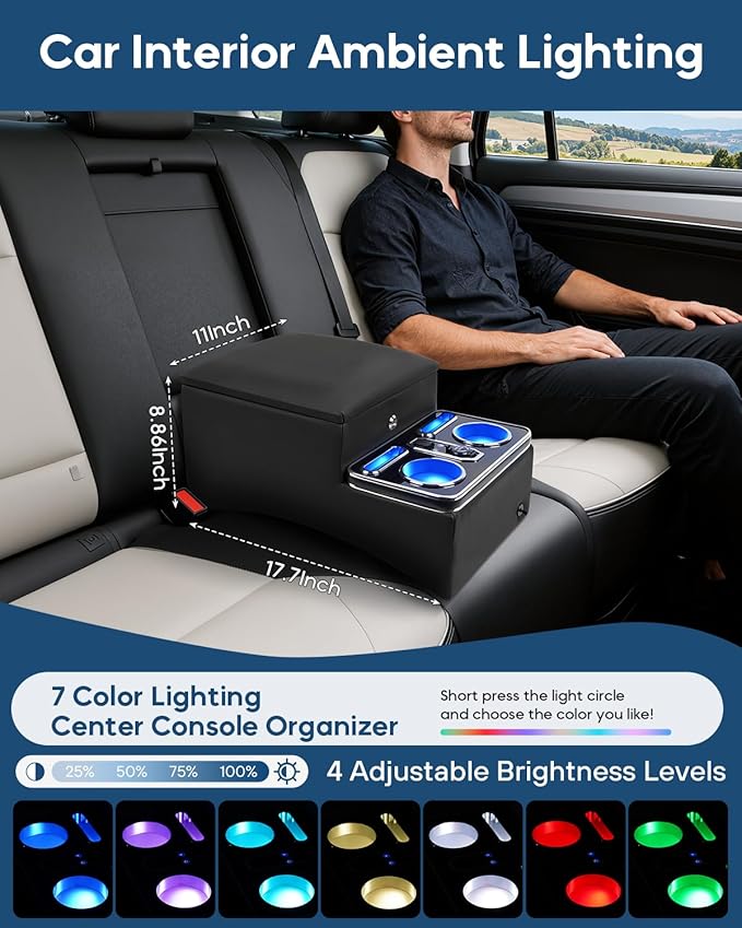 Upgraded Center Console with Lock, Truck Bench Front Seats Center Console Organizer and Storage, Cup & Phone Holder for Minivan, SUV, Middle Van, Fast Phone Charging & 7-Color Adjustable LED Lighting