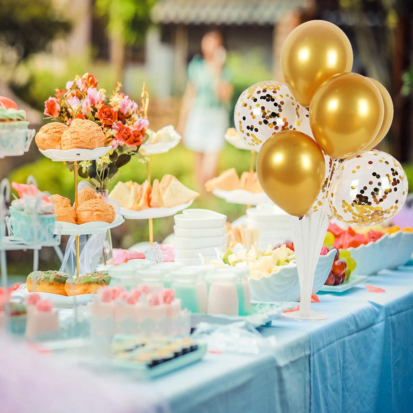 Blue Balloon Stand Kit Table Decorations - 2 Sets With 14 Sticks, Cups, 2 Base, 12 Metallic and 6 Confetti Balloons for Baby Shower, Graduation, Anniversary Party