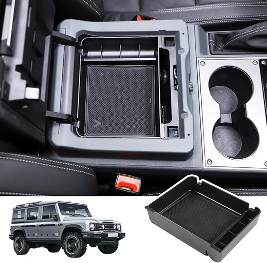 Car Armrest Storage Box Tray Compatible with INEOS Grenadier 2022 2023 2024 2025 2026 Center Console Armrest Organizer Storage Box Tray With Anti-Slip Mat ABS Accessories