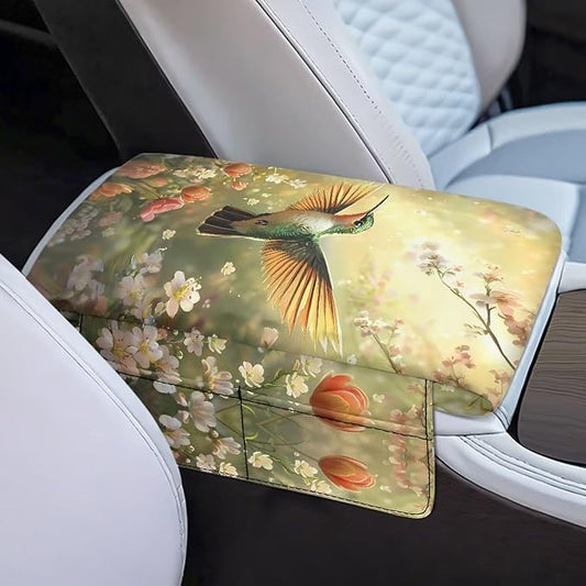 Car Center Console Cover with Side Pockets, Hummingbird Floral Soft Auto Armrest Cushion, Memory Foam Arm Rest Protector, Universal Seat Box Cover Car Interior Accessories