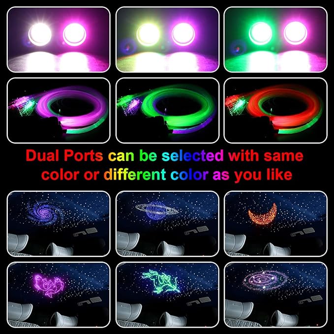 AKEPO 32W Dual-Head Different Color Music Activated Fiber Optic Lights, 900pcs of 0.03in End Glow Optical Fibers in 9.8ft+Remote/APP Control RGBW Fiber Optic Star Ceiling Light Kit Car Headliner Star