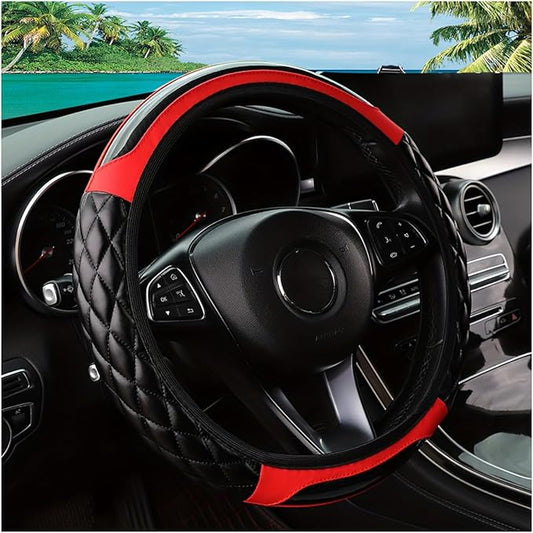 Car Steering Wheel Cover, 14.5-15inch Leather Anti-Slip Car Wheel Cover Protector, Safety Comfortable Desgin, Universal Auto Steering Wheels Accessories for Cars Truck SUV (Red)