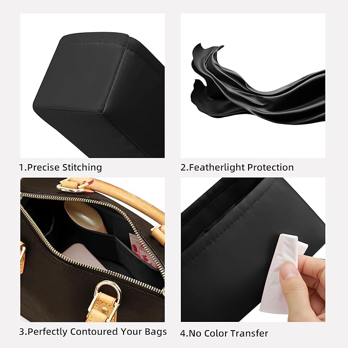 DGAZ Silk Purse Organizer Insert Fits LV Speedy 16/20/25/30/35/45 bags，Silky Smooth Bag Organizer，Luxury Handbag & Tote Shaper（Black，SP16）