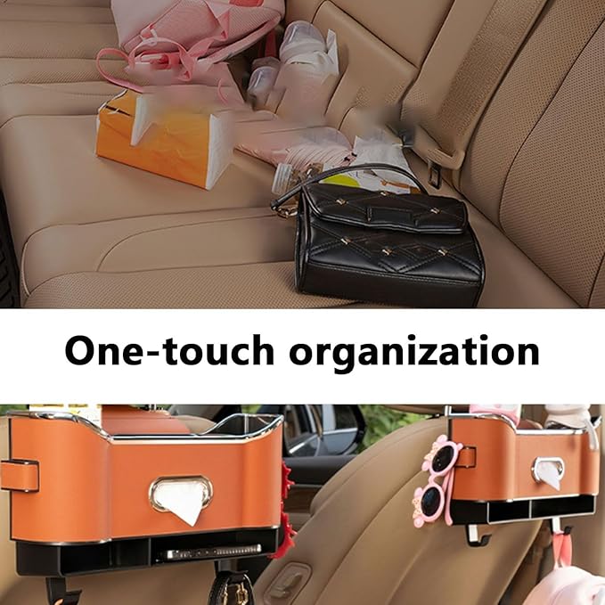 Multifunctional Car Seat Back Storage Box, Multifunctional Car Logo Seat Back Storage Box, Universal back seat car organizer, Car Tissue Organizer Back Seat with 2 Drink Cup Holder (Brown)