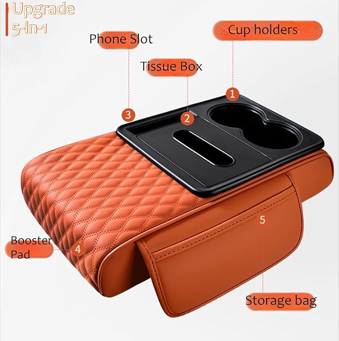 Car Center Console Armrest Pad, Arm Rest Box Cushion with Ergonomic Height Boost, Storage Pockets, Built-in Tissue Box, Cupholder, Fit for Most Sedan Vehicles (Embroidery Water Ripple, Orange)