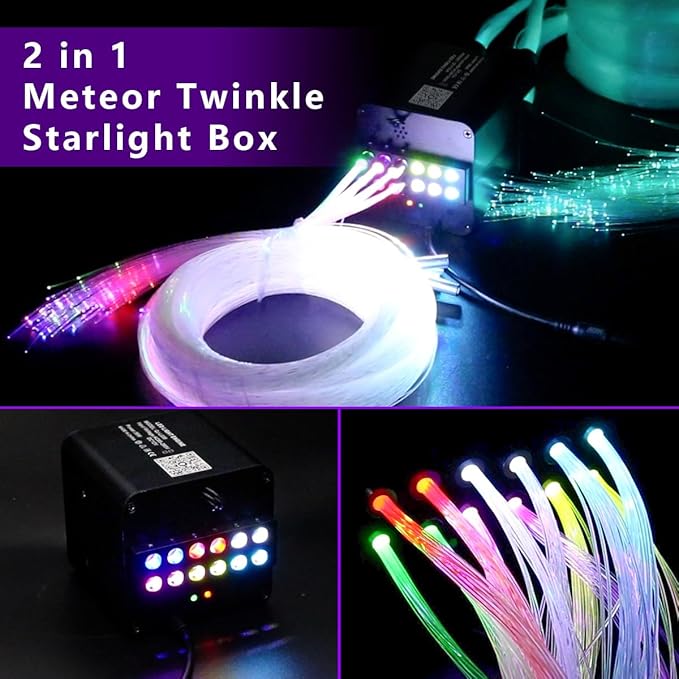 AZIMOM 4Colors 2 in 1 Meteor Twinkle Fiber Optic Starlight Headliner Kits 1000pcs 0.03in13.1ft Fiber Strands,RGB Meteor Shooting Star 240pcs, Sound Remote APP Control Home Ceiling Car Headliner Decor
