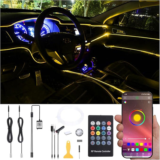 3 Meters Optic Fiber Car Ambient Lighting with Bluetooth App Control + RF Remote Control 64 Colors Multicoloured Music Interior Lighting Kit DC 12V 1W