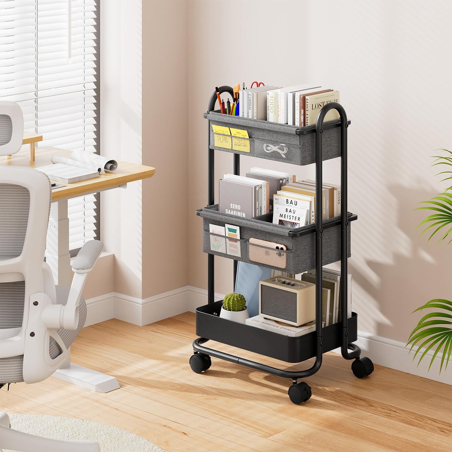 Modanais Baby Diaper Caddy Organizer Cart - 3 Tier Rolling Storage Cart with Wheels, Baby Essentials for Nursery Storage, Detachable Dividers - for Crib, Bedroom, Art & Craft Organizer (Black)