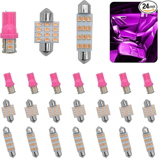 24PCS LED Interior Car Lights, Interior Car Lights Dome Light Set T10 31 mm 42 mm Replacement Bulbs for Top Map Dome Tail Cab Lights and License Plate Courtesy Lights Accessories (Pink)