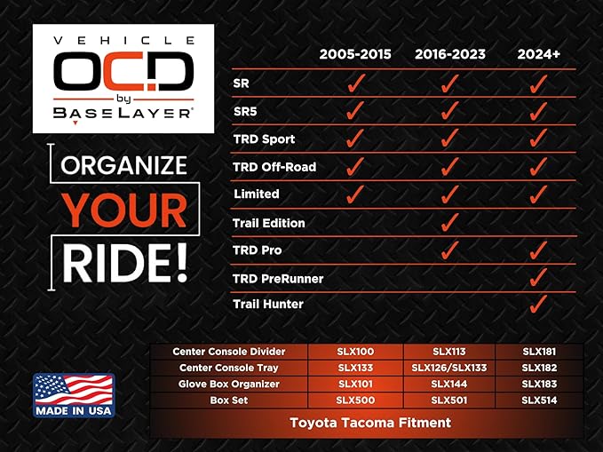 Vehicle OCD – Center Console Organizer for Toyota Tacoma (2024-2026) – Made in USA - SLX181