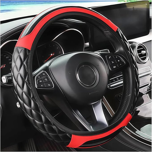 Carbon Fiber Car Steering Wheel Cover, Leather Breathable Non-Slip 14.5-15 Inch Vehicle Steering Wheel Protector, Auto Interior Protection Accessories, Universal for SUV Sedan Truck(Red)