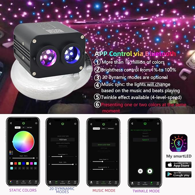 Dual Color Twinkle Starlight Headliner Kit 800 Piece Starry Night Star Lights Ceiling 2 Color RGBW Bluetooth App Control Music Mode Fiber Optic Lights for Car Home Improvement 13.1ft/4m
