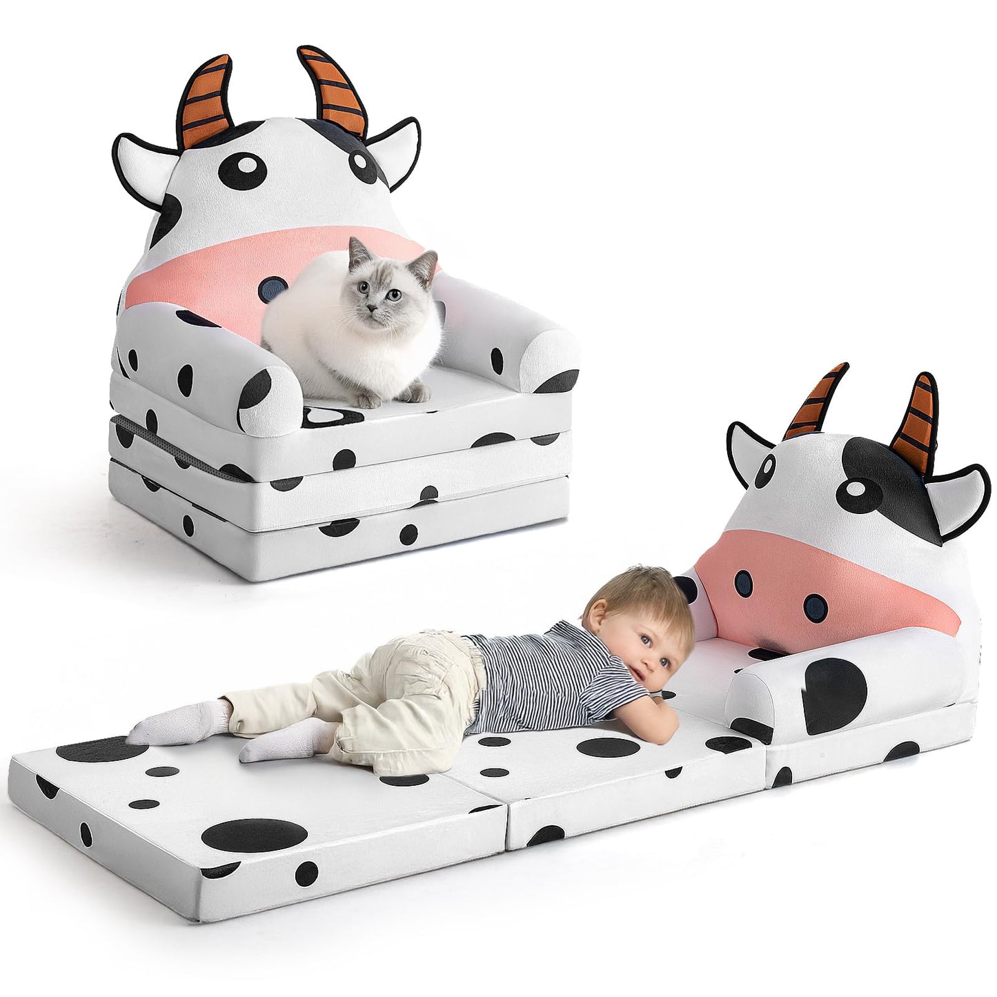 Kids Sofa Comfy, Adorable Animal Toddler Chair, Foldable Kids Couch with Removable Washable Cover, Soft & Breathable Fabric, No Assembly Needed, Foldable Baby Sofa(Dairy Cow)